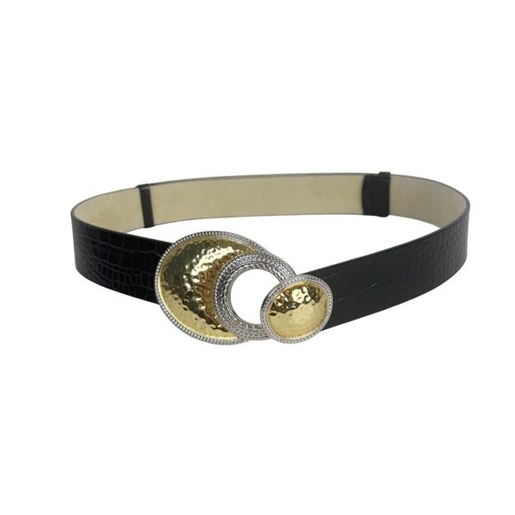 CHICO'S Black Leather Belt Hammered Silver Gold Tone Buckle Adjustable Sz M/L - Picture 1 of 4